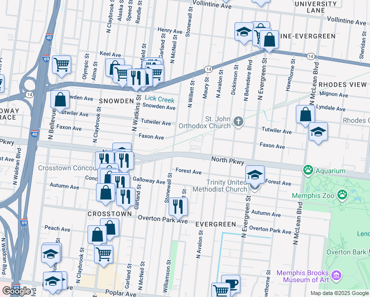 map of restaurants, bars, coffee shops, grocery stores, and more near 1538 North Parkway in Memphis