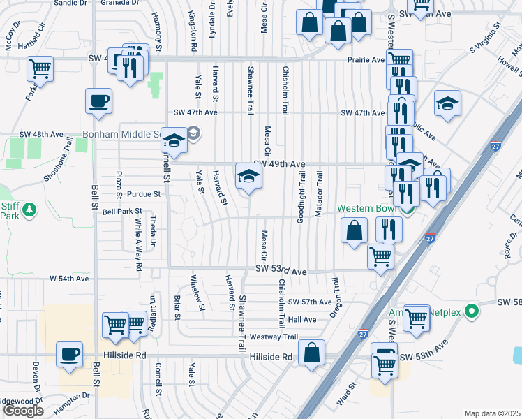 map of restaurants, bars, coffee shops, grocery stores, and more near 4927 Shawnee Trail in Amarillo