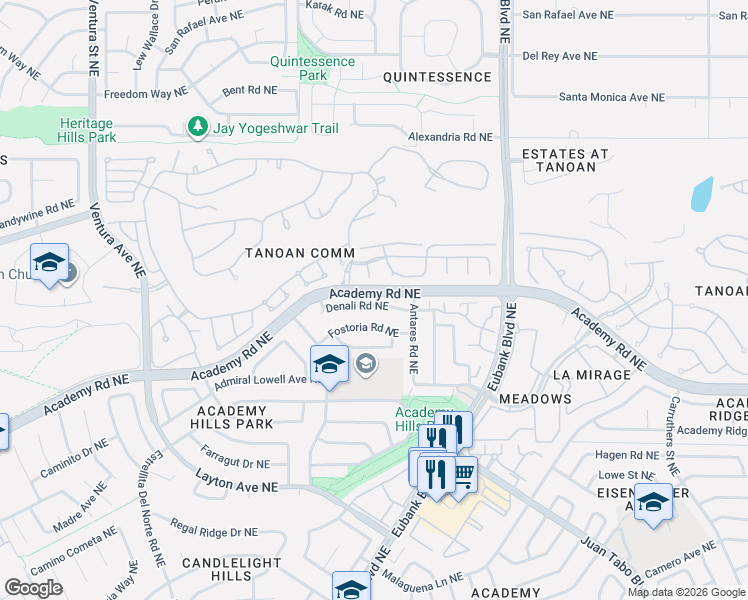 map of restaurants, bars, coffee shops, grocery stores, and more near 9919 Denali Road Northeast in Albuquerque