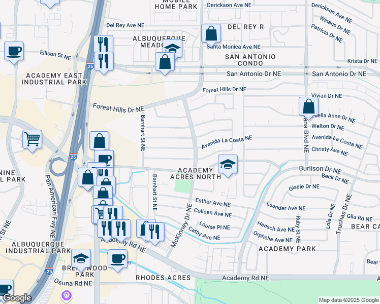 map of restaurants, bars, coffee shops, grocery stores, and more near 6516 McKinney Drive Northeast in Albuquerque