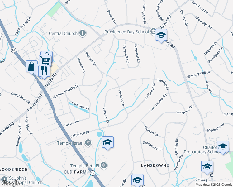 map of restaurants, bars, coffee shops, grocery stores, and more near 5923 Lansing Drive in Charlotte