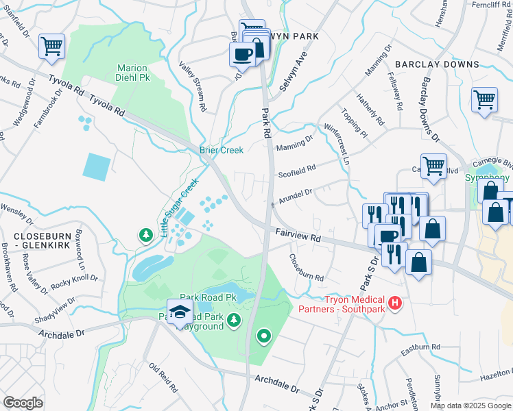 map of restaurants, bars, coffee shops, grocery stores, and more near 3062 Castleberry Court in Charlotte