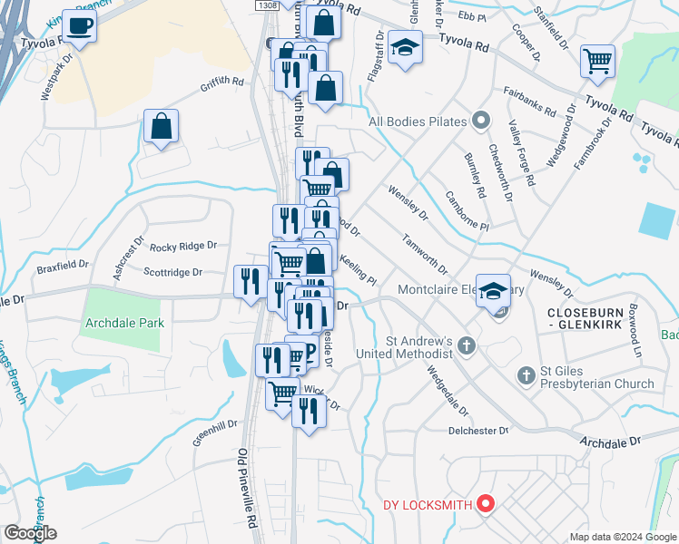 map of restaurants, bars, coffee shops, grocery stores, and more near 1518 Keeling Place in Charlotte