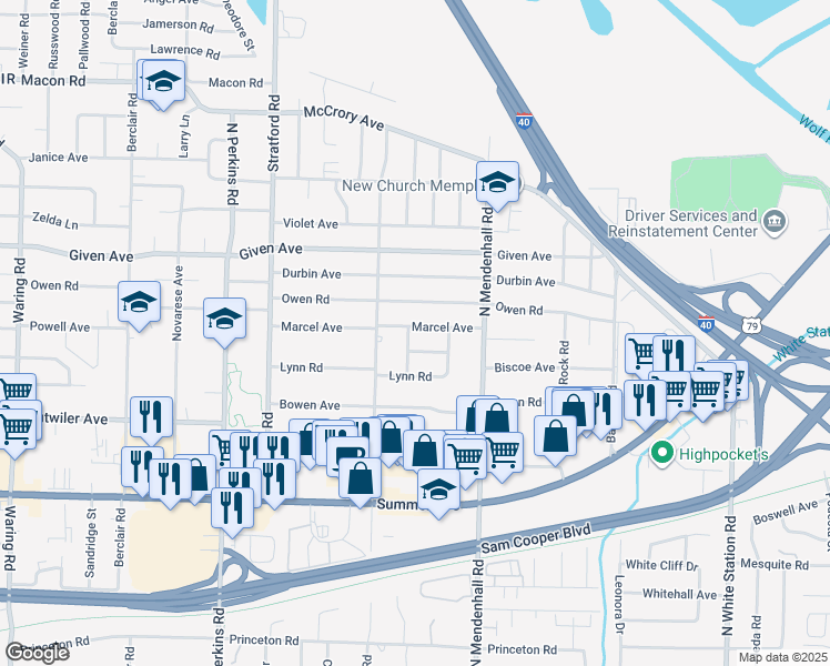 map of restaurants, bars, coffee shops, grocery stores, and more near 833 Barsanti Street in Memphis
