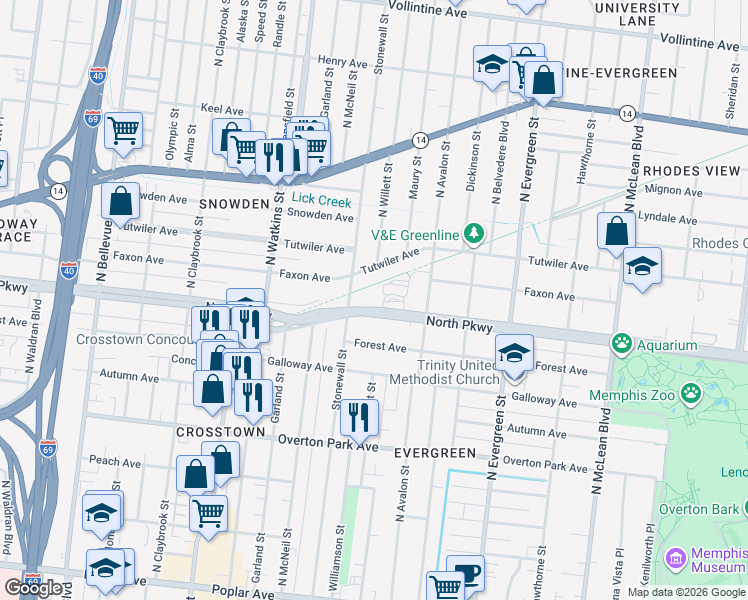 map of restaurants, bars, coffee shops, grocery stores, and more near 1538 North Parkway in Memphis