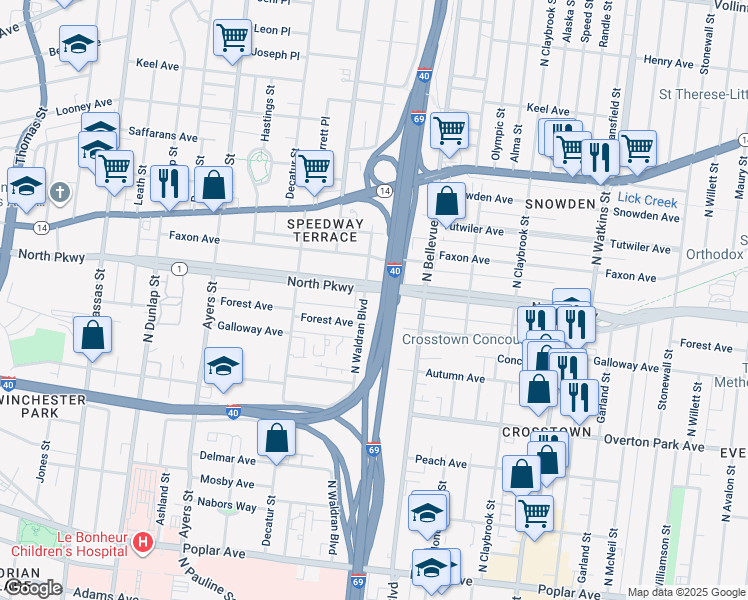 map of restaurants, bars, coffee shops, grocery stores, and more near 1099 North Parkway in Memphis