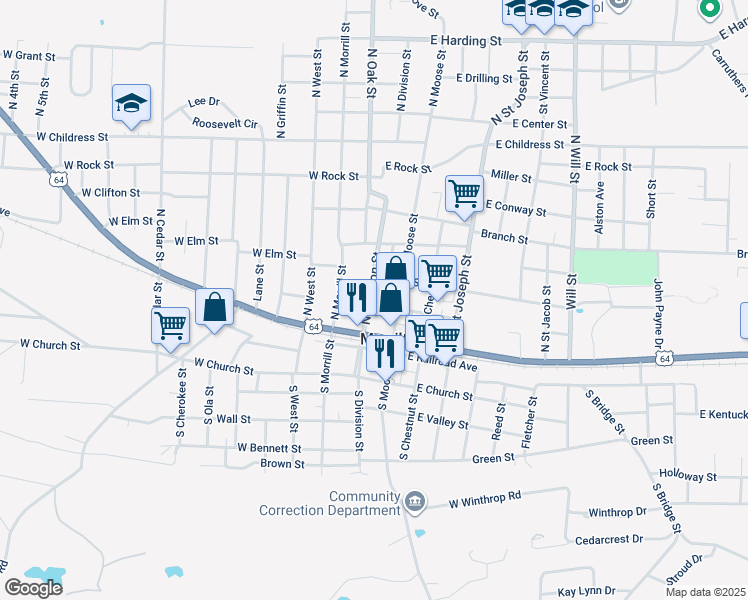 map of restaurants, bars, coffee shops, grocery stores, and more near 201-247 North Division Street in Morrilton