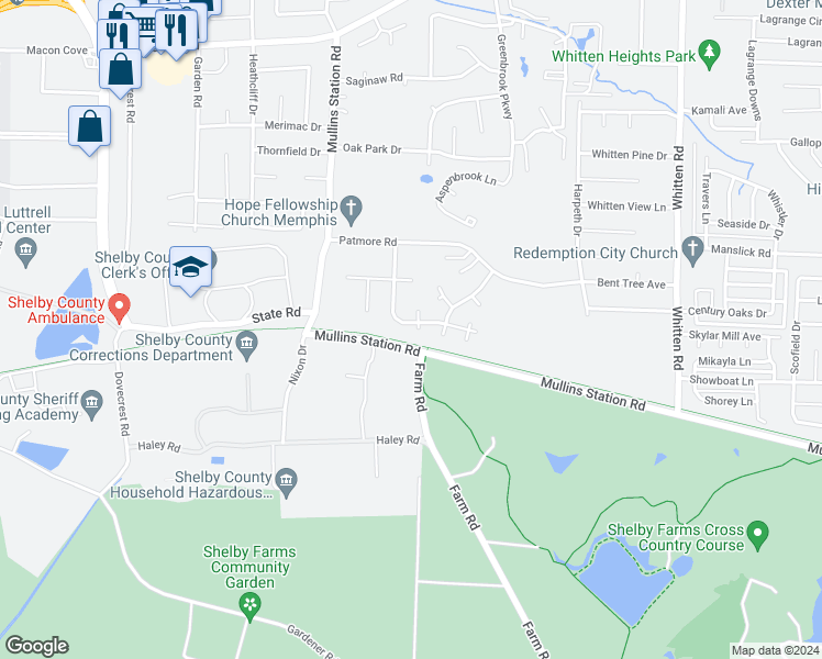 map of restaurants, bars, coffee shops, grocery stores, and more near 6465 Palace View Lane in Memphis