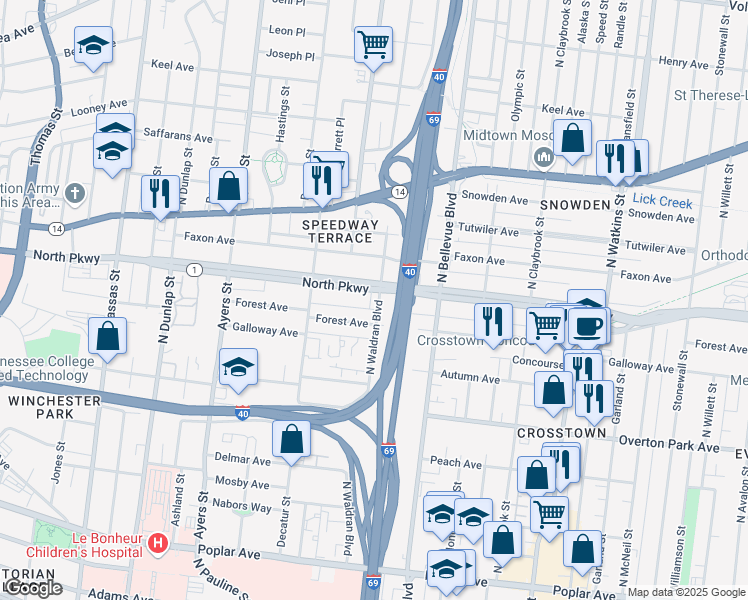 map of restaurants, bars, coffee shops, grocery stores, and more near 1099 North Parkway in Memphis