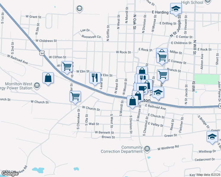 map of restaurants, bars, coffee shops, grocery stores, and more near 301 W Commerce St in Morrilton