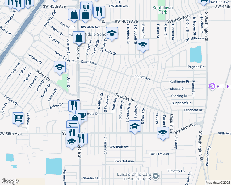 map of restaurants, bars, coffee shops, grocery stores, and more near 5026 Leigh Avenue in Amarillo