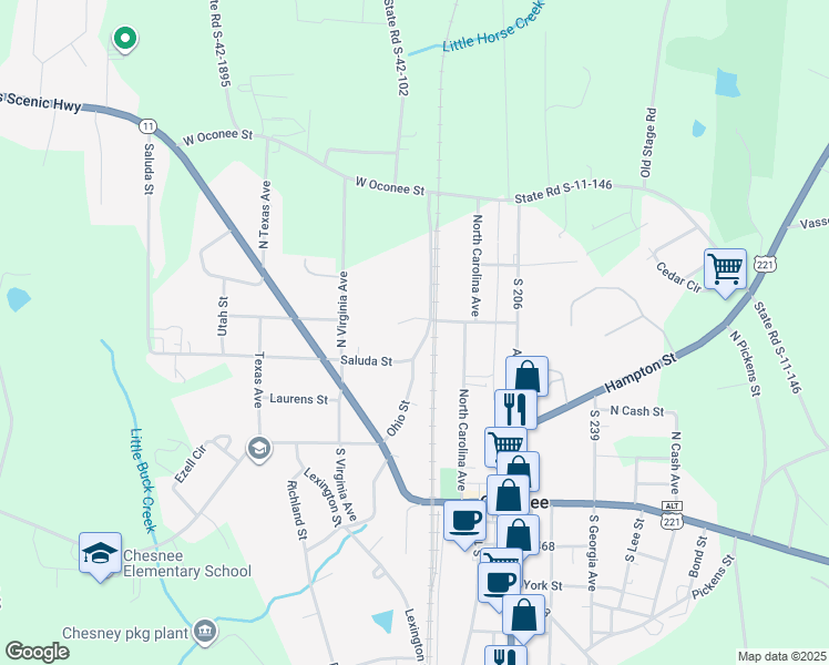 map of restaurants, bars, coffee shops, grocery stores, and more near 207 Ohio Street in Chesnee