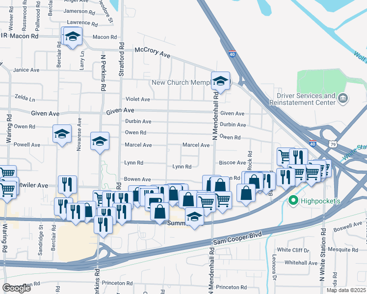 map of restaurants, bars, coffee shops, grocery stores, and more near 833 Barsanti Street in Memphis