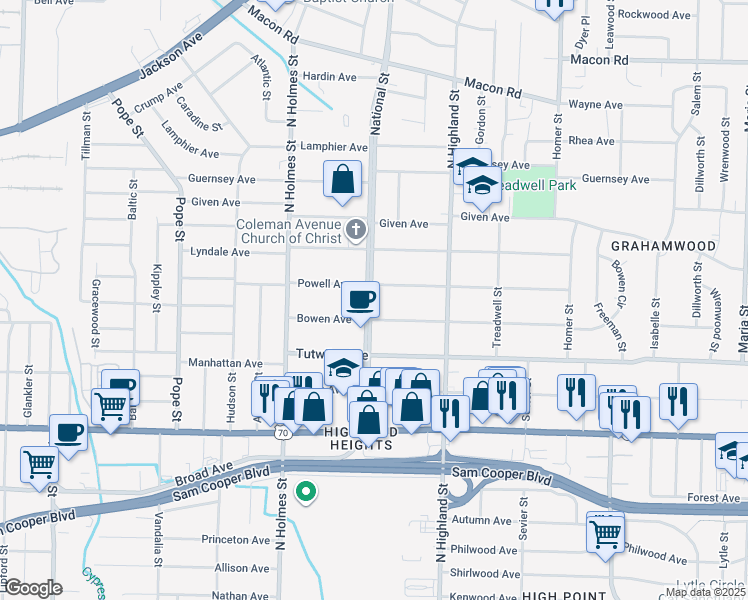 map of restaurants, bars, coffee shops, grocery stores, and more near in Memphis