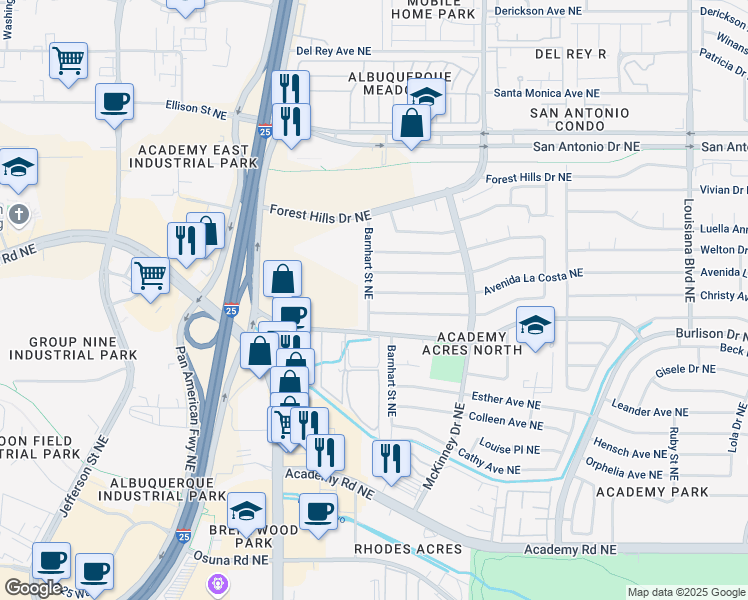 map of restaurants, bars, coffee shops, grocery stores, and more near 6200 Avenida La Costa Northeast in Albuquerque