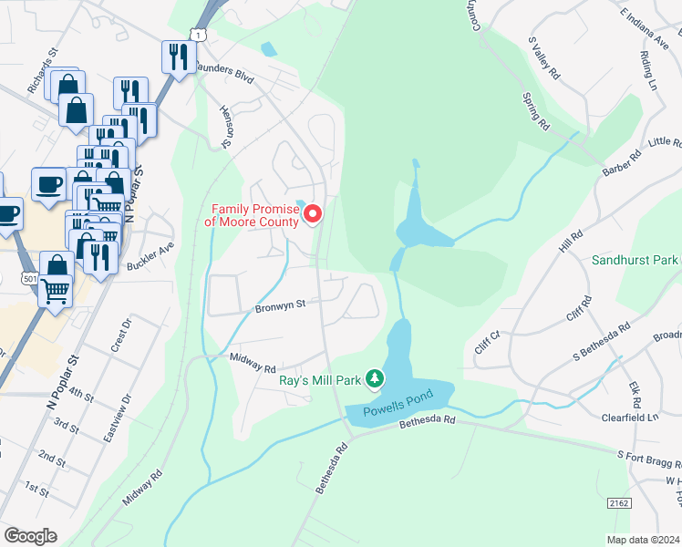 map of restaurants, bars, coffee shops, grocery stores, and more near 501 Longwood Place in Aberdeen
