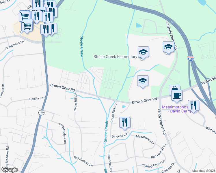 map of restaurants, bars, coffee shops, grocery stores, and more near 10108 Guardian Drive in Charlotte