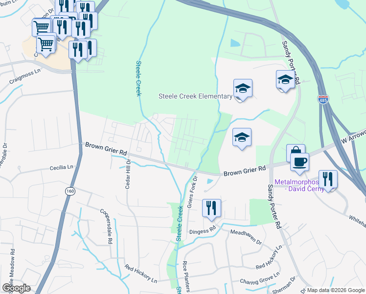 map of restaurants, bars, coffee shops, grocery stores, and more near 13815 Brown Grier Road in Charlotte