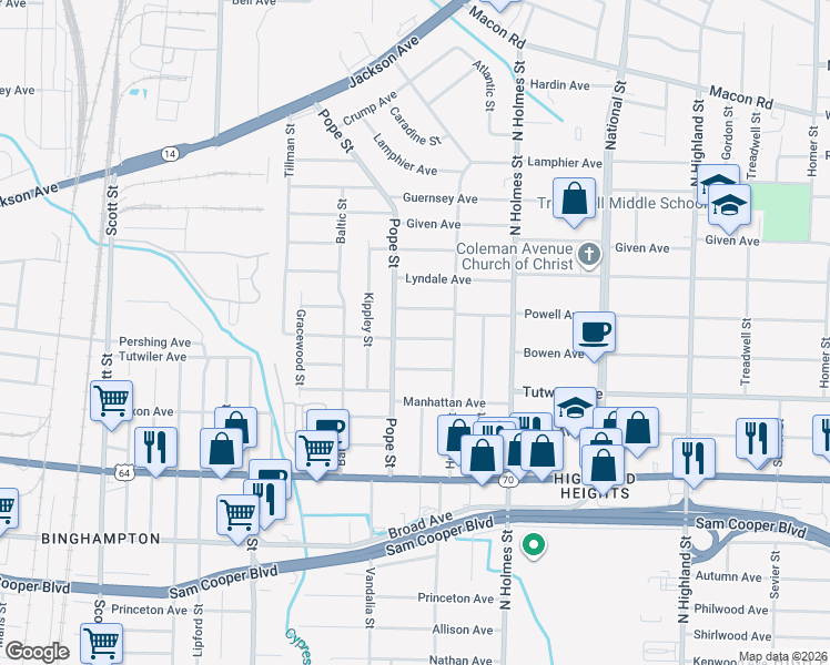 map of restaurants, bars, coffee shops, grocery stores, and more near 3176 Pershing Avenue in Memphis