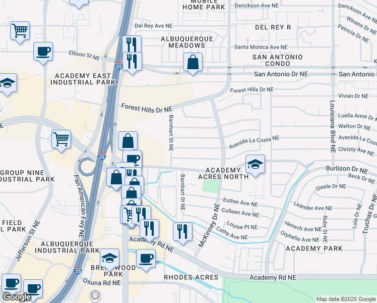map of restaurants, bars, coffee shops, grocery stores, and more near 6300 Avenida La Costa Northeast in Albuquerque