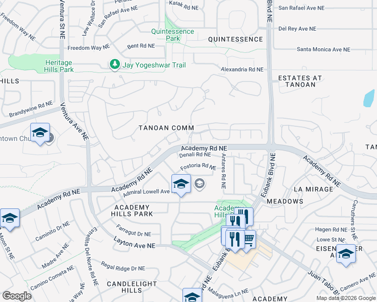 map of restaurants, bars, coffee shops, grocery stores, and more near 9827 Denali Road Northeast in Albuquerque