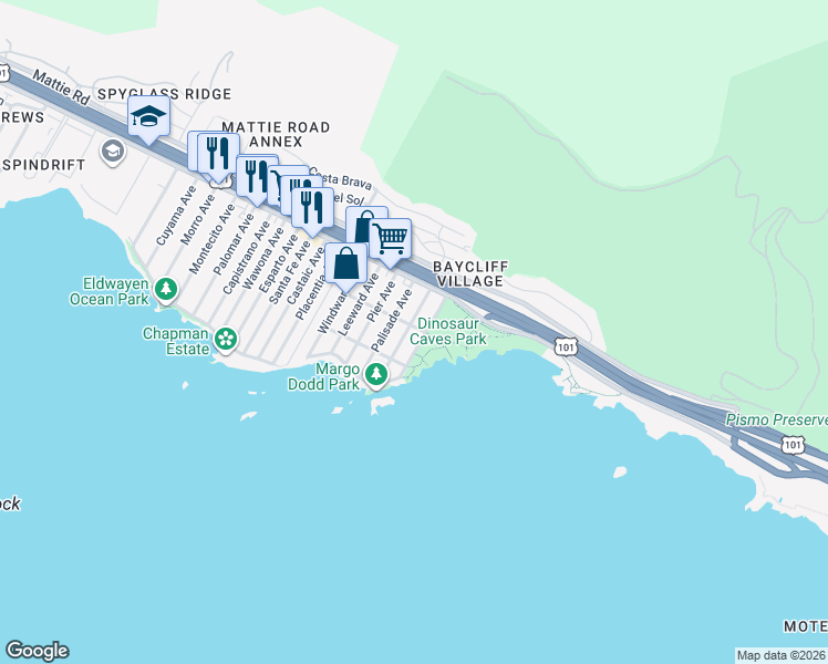 map of restaurants, bars, coffee shops, grocery stores, and more near 212 Seaview Avenue in Pismo Beach
