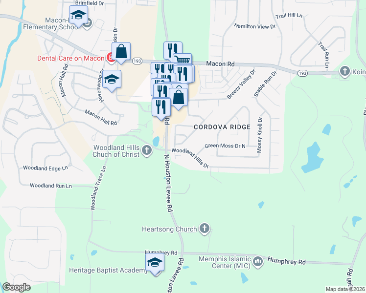 map of restaurants, bars, coffee shops, grocery stores, and more near 1052 Cross Wood Lane in Shelby County