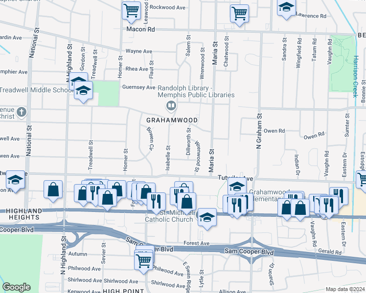 map of restaurants, bars, coffee shops, grocery stores, and more near 813 Dillworth Street in Memphis