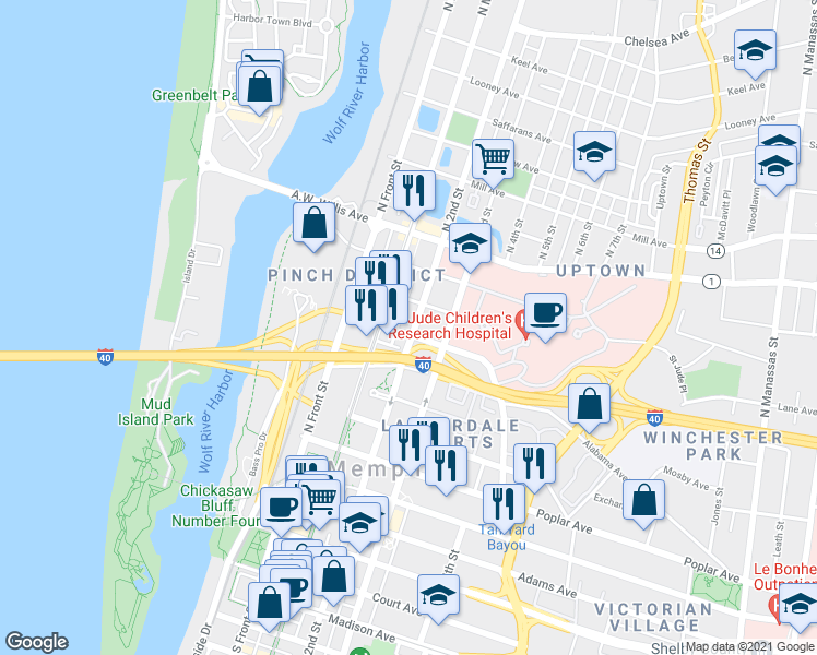 map of restaurants, bars, coffee shops, grocery stores, and more near 345 North 2nd Street in Memphis