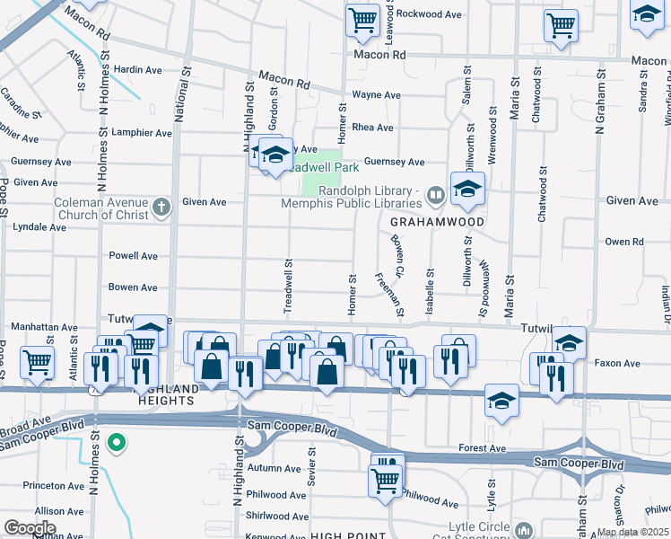 map of restaurants, bars, coffee shops, grocery stores, and more near 3625 Powell Avenue in Memphis