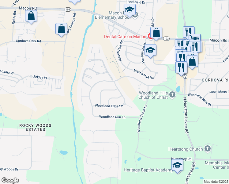 map of restaurants, bars, coffee shops, grocery stores, and more near 1086 Woodland Glen Drive in Shelby County