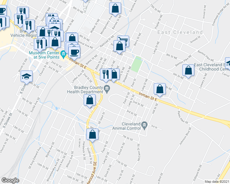 map of restaurants, bars, coffee shops, grocery stores, and more near 753 Howard Circle Southeast in Cleveland