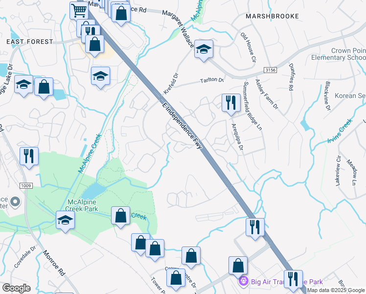 map of restaurants, bars, coffee shops, grocery stores, and more near 7809 Calibre Crossing Drive in Charlotte