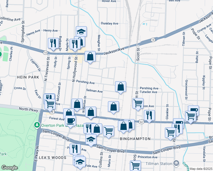 map of restaurants, bars, coffee shops, grocery stores, and more near 2611 Pershing Avenue in Memphis