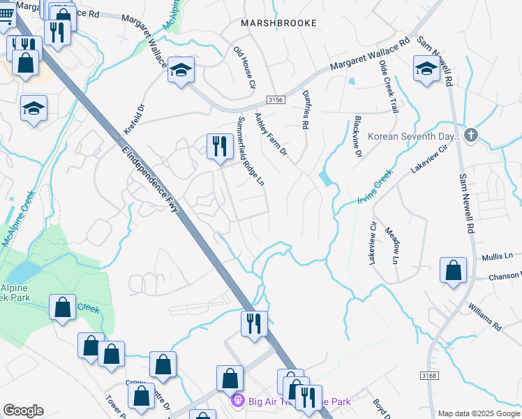 map of restaurants, bars, coffee shops, grocery stores, and more near 2339 Calabassas Lane in Matthews