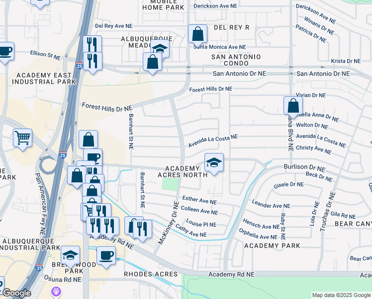 map of restaurants, bars, coffee shops, grocery stores, and more near 6516 McKinney Drive Northeast in Albuquerque