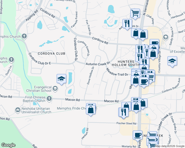 map of restaurants, bars, coffee shops, grocery stores, and more near 1062 Dove Hollow Drive in Memphis