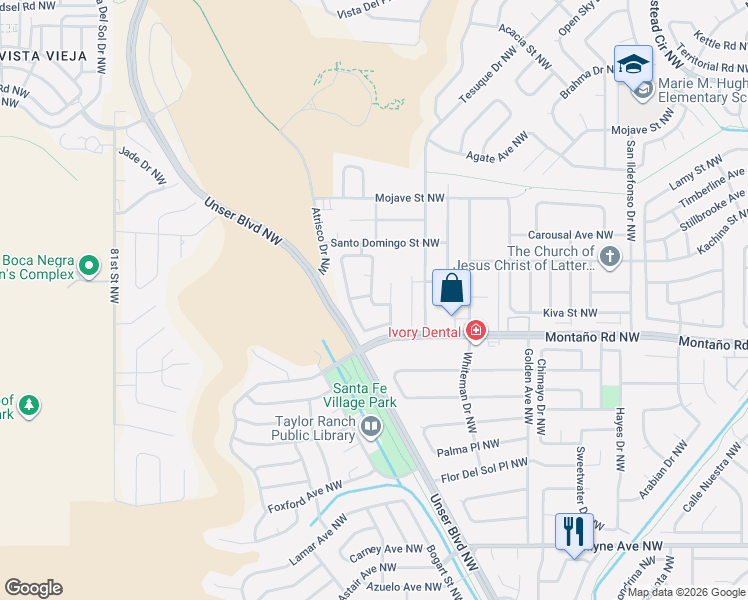 map of restaurants, bars, coffee shops, grocery stores, and more near 6116 Whisper Ridge Drive Northwest in Albuquerque