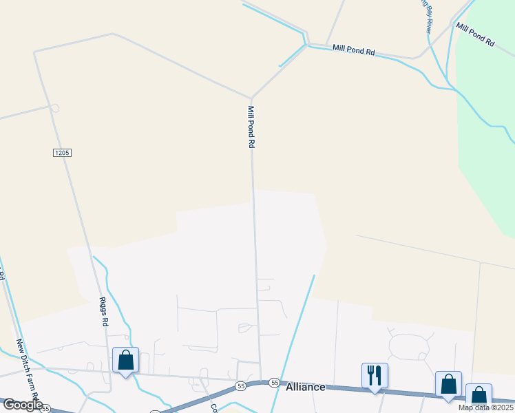 map of restaurants, bars, coffee shops, grocery stores, and more near 610 Mill Pond Road in Bayboro