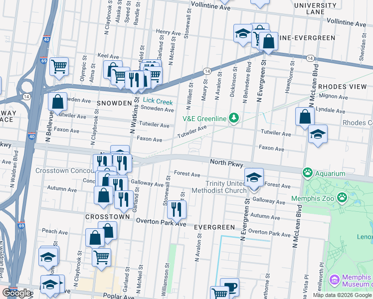 map of restaurants, bars, coffee shops, grocery stores, and more near 1538 North Parkway in Memphis
