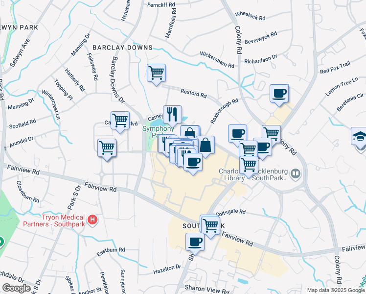 map of restaurants, bars, coffee shops, grocery stores, and more near 4800 South Park Drive in Charlotte