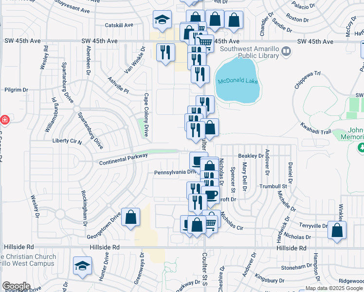 map of restaurants, bars, coffee shops, grocery stores, and more near 7410 Continental Parkway in Amarillo