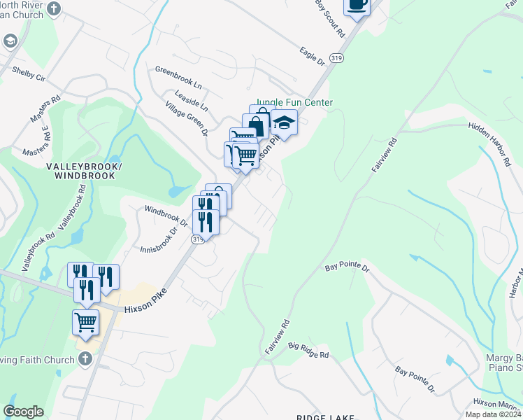 map of restaurants, bars, coffee shops, grocery stores, and more near 6320 Hixson Pike in Hixson