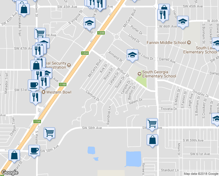 map of restaurants, bars, coffee shops, grocery stores, and more near 5127 Leland Drive in Amarillo