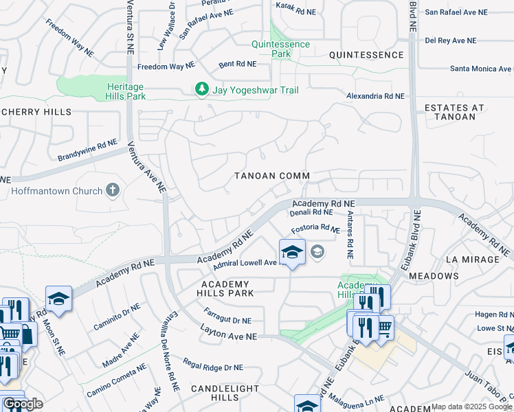 map of restaurants, bars, coffee shops, grocery stores, and more near 9601 Merion Circle Northeast in Albuquerque