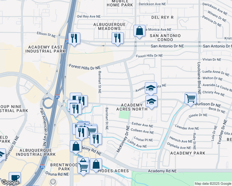 map of restaurants, bars, coffee shops, grocery stores, and more near 6300 Avenida La Costa Northeast in Albuquerque
