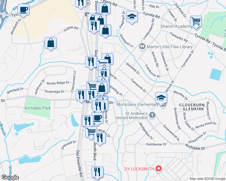 map of restaurants, bars, coffee shops, grocery stores, and more near 1518 Keeling Place in Charlotte