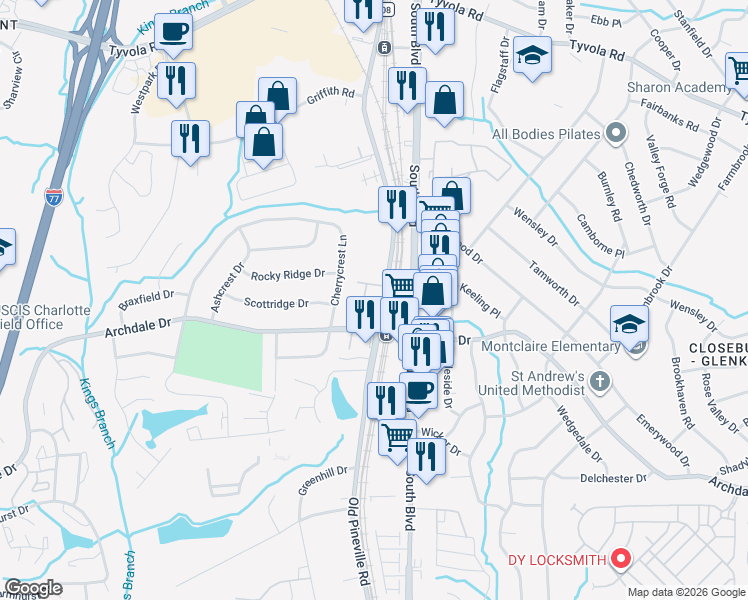 map of restaurants, bars, coffee shops, grocery stores, and more near in Charlotte