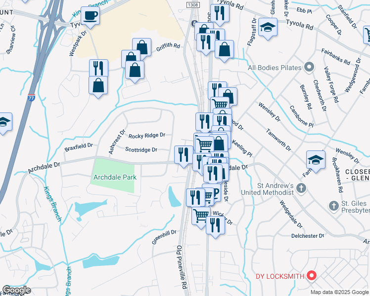 map of restaurants, bars, coffee shops, grocery stores, and more near 1223 Archdale Drive in Charlotte