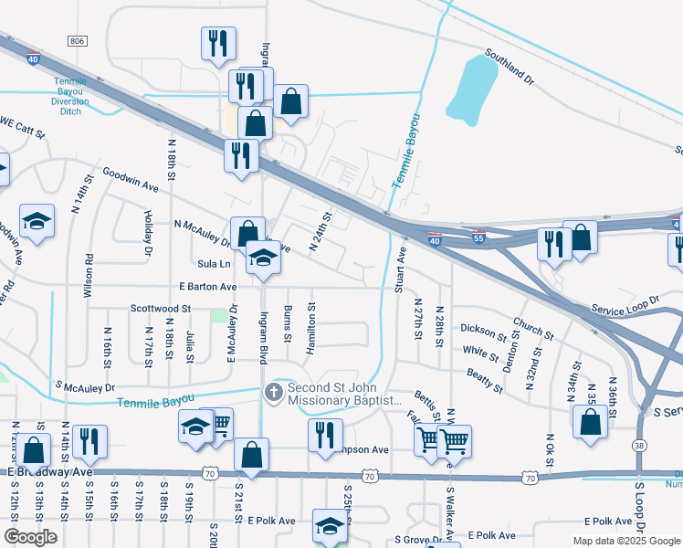 map of restaurants, bars, coffee shops, grocery stores, and more near 2412 East Barton Avenue in West Memphis